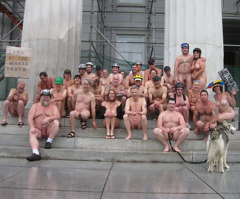 Naked bike riders at the Statehouse in Montpelier Vermont USA, June 2011.